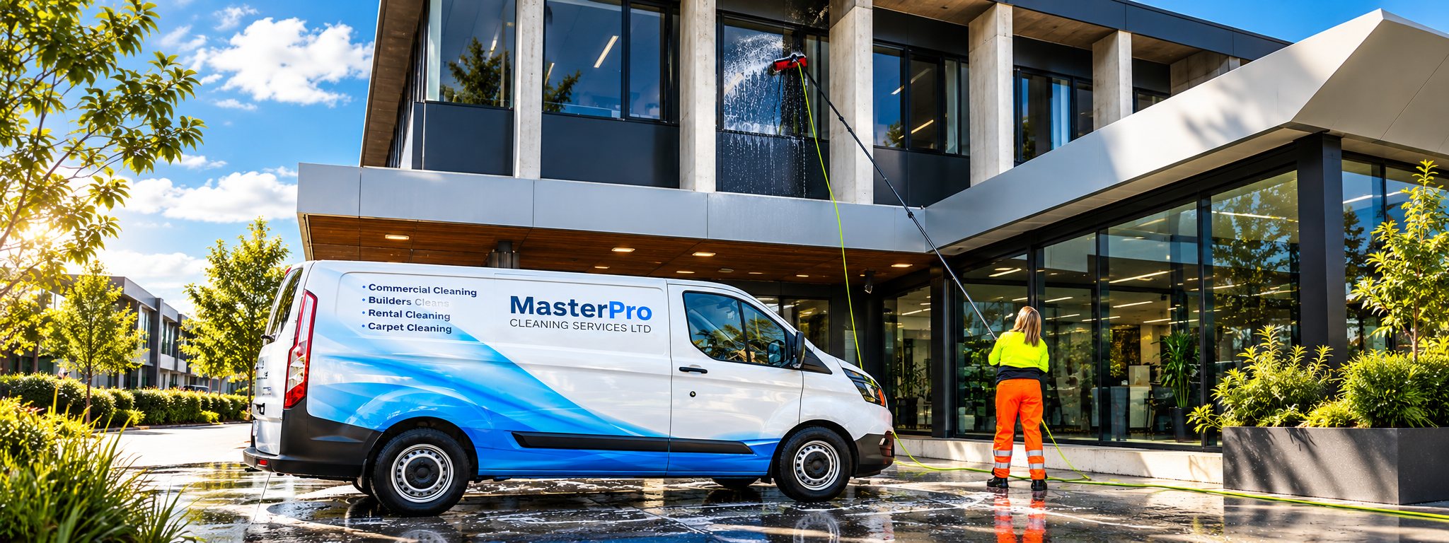 MasterPro Cleaning Services van and window cleaner at a commercial building